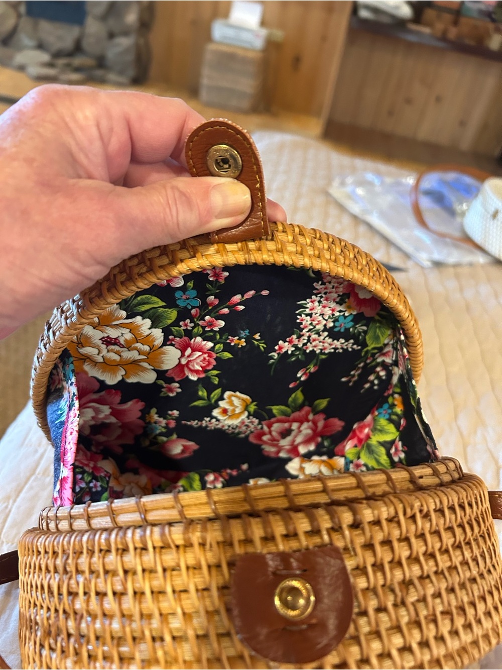 Woven Round Straw Crossbody Bag with Brown Leather Trim - Picture 3 of 4